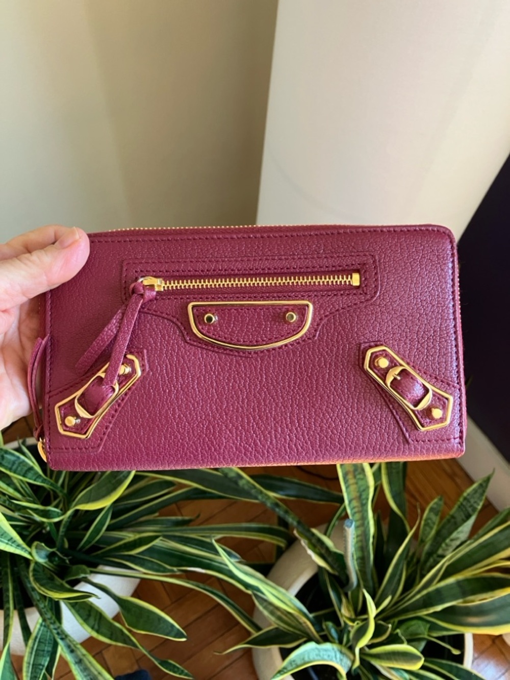 New Balenciaga Red Leather Gold Metallic Edge Zip Around Wallet